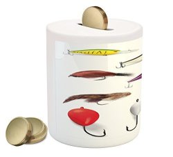Lunarable Fishing Piggy Bank By Netting Materials With Swivel Sinkers Fly Rods Floats Gaffs Recreational Pastime Printed Ceramic Coin Bank Money Box For Cash