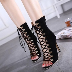 Shoes Black Sweet Hollow-out Suede Peep-toe Thin Heels Pumps