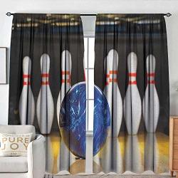 Nuomanan Print Pattern Curtains Bowling Party Blue Abstract Ball On The Lane Pins Close Up View Sports Leisure Time Game Multicolor For Room Darkening