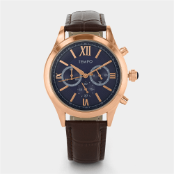 Mens Rose Plated Blue Multi Dial Brown Leather Watch