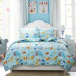 Toddler Bedding Sets Nautical Bedding For Boys Blue Fishes Printed Duvet Cover Set 3-PIECE Full Size No Comforter Included