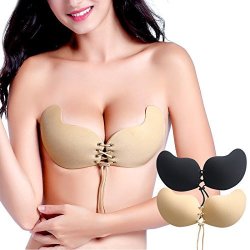 Adhesive Bilycat Bra Strapless Reusable Invisible Push Up Silicone Sticky Bra With Drawstring 2 Pack Black+nude Cup C