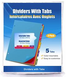 Phetronix 5-TAB Plastic Binder Dividers Insertable Multicolor Tabs 5 Per Pack 3-PACK
