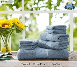 Fbts Basic Luxury Pure Cotton 7 Piece Towel Sets Blue 4 Washcloths 2 Hand Towel 1 Bath Towel Highly Absorbent Extra Soft Professional Grade Five-star Hotel Quality By