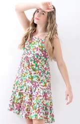 Big Girls Strappy Tiered Dress - Green Floral - Green Floral 7-8 Years