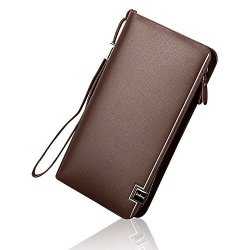 Ivotre Long Wallet For Men With Zipper Pu Leather Bifold Multi-card Slots Picture Holder? Wrist Strap Business Fashion Large Capacity Purse Hardware - Brown