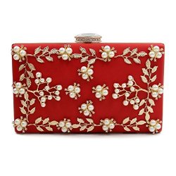 Women Mogor Elegant Pearl Flowers Bride Hardcase Clutch Wedding Handbag Party Purse Red