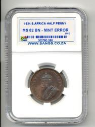 1934 Sa Half Penny. Uncirculated Ms62. Normal= R2 000. This One Much More Since Rare Error On Crown