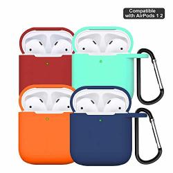 Airpods Case Wireless Charging Airpods Case 4 Packs Seamless Fit Silicone Protective Cover With Keychain For Apple Airpods 2 &1 Dark Blue Orange Green Red
