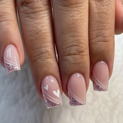 24PCS Pink French Tip Press On Nails Short Square Fake Nails Glossy Full Cover Glitter False Nails With Heart And White Line Design For