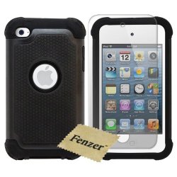 Black Hybrid Rubber Matte Hard Case Cover For Apple Ipod Touch 4 With Screen Protector