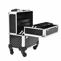 Hstore Makeup Train Case 360 Aluminum Rotating Castors Cosmetic Case Trolley Rolling Jewelry Organizer Open Adjustable Trays Lock Trunk Luggage Suitcase
