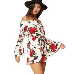 Women Summer Floral Jumpsuit Sancansn Off Shoulder Print Playsuit Long Sleeve Slash Neck Romper S White