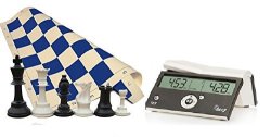 Tournament Chess Set - 34 Chess Pieces - Blue Chess Board 20" X 20" Vinyl Rollup - Dgt Black Easy Chess Timer Game Clock