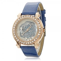 Stylish Rose Flower Design Alloy & Rhinestone Case Women Watch With Pu Leather Watchband Blue