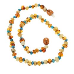 Genuine Amber Teething Necklace For Baby Butterscotch & Cognac Amber & Turquoise Beads