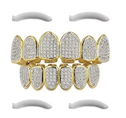24K Gold Plated Hip Hop Grillz Top And Bottom Grills For Mouth Teeth 2 Extra Molding Bars - Every Style Gold Plated Iced
