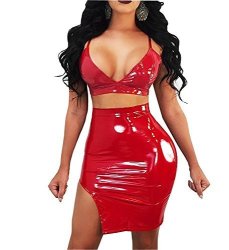 Women's Bequeen Fashion Latex Pu Strapy Halter Bodycon 2 Pcs Sets Evening Club Split Dress Red S