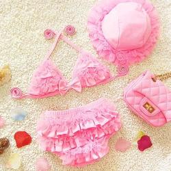 Baby Girl Bikini Lace 3 Pieces Bikini Set Cute Swimsuit With Hat Size: L Pink