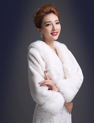 Wedding Or Special Occasion - Faux Fur Wrap Coat Bolero Jacket 3 4-LENGTH Sleeves - Ivory