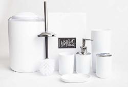 Vanilla Brick Bathroom Accessories Set Soap Dispenser Toothbrush Holder Tumbler Cup Soap Dish Trash Can Toilet Brush With Holder 6 Piece Plastic Bath Gift Set White