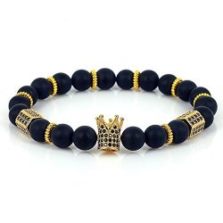 Crown Charm Bracelet With 8MM Black Matte Onyx Stone Beads Suqare Copper Zircon