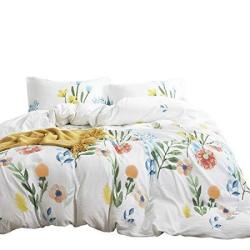 Wake In Cloud - Floral Duvet Cover Set 100% Cotton Bedding Colorful Watercolor Flowers Leaves Painting Printed On White Zipper Closure 3PCS Queen Size
