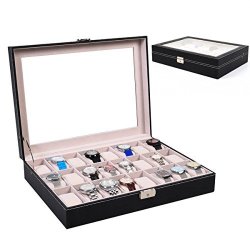 24 Slot Leather Watch Box Display Case Organizer Glass Top Jewelry Storage New