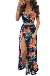 Aro Lora Women's Sexy V Neck Floral Printed Side Slit Two-piece Maxi Dress Medium