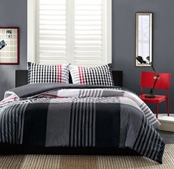 D&h 3 Piece White Black Red Grey Stripes Plaid Duvet Cover Full Queen Set Stylish Modern Striped Bedding Woven Nautical Checked Pattern Madras Crisscross