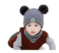 Logo Cute Lovely Beanie Cap newborn Baby Kids Girls Boys Winter Warm Knit Hat Scarf Set funny Double Balls Pompom Solid Color Gifts Cap - Grey