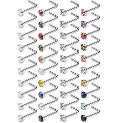 Ruifan 40PCS 18G Surgical Steel Diamond Cz Nose Stud Rings L Shaped Piercing Jewelry 1.5MM