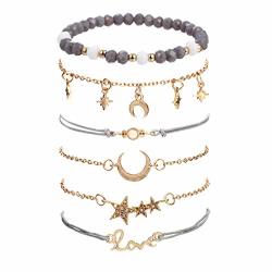Vonru Beaded Bracelets For Women - Adjustable Charm Pendent Stack Bracelets For Women Girl Friendship Gift Rose Quartz Bracelet Links With Pearl Gold Plated