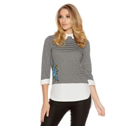 Quiz - Black And White Embroidered Collar Detail Top