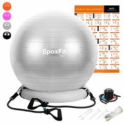 Spoxfit Exercise Ball Chair With Resistance Bands Perfect For Office Yoga Balance Fitness Super Strong Holds 660LBS. Set Includes Stable Base Workout Poster Pump