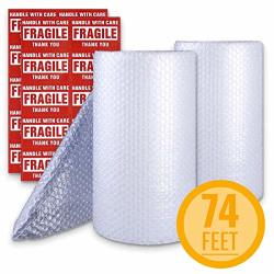 Bubble Cushioning Wrap Roll 2 Pack 3 16 Air Bubble 12 Inch X 74 Feet Total Perforated Every 12 Inch With 30PCS Fragile Stickers Packing Supplies For Heavy-duty Moving Shipping