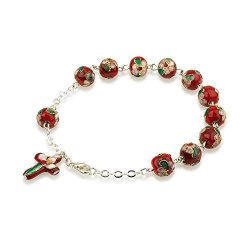 Hand Made Red Glass And Enamel Beaded And Silver Plated Chain Bracelet Rosary With Matching Enamel Cross