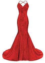 Dys Women's Sequins Mermaid Prom Dress Spaghetti Straps V Neck Backless Gowns Red Us 20PLUS