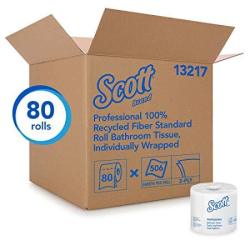 Scott Essential Professional 100% Recycled Fiber Bulk Toilet Paper For Business 13217 2-PLY Standard Rolls White 80 Rolls Case 506 Sheets Roll