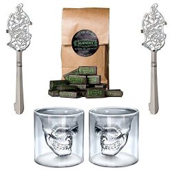 Scary Skull Design Absinthe Set: 2X Absinthe Glasses And 2 Absinthe Spoon Set 2X Skull Glass - Ornate Absinthe Spoon - 1 Sugar