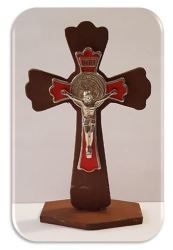 11CM Wooden Standing Crucifix St Benedict With Red Inlay