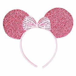 1 Pcs Green Mickey Minnie Mouse Ears Headbands Pink Bow Hoop Hair Accessories Glitter Sequin Princess Party Decoration for Party Festivals 