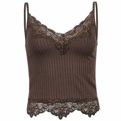 Tssoe Lace Patchwork Brown Crop Top Y2K Clothes Cropped Tees Cami Ribbed Knitted Tank Tops Brown Small