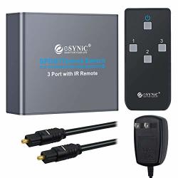 Esynic 3X1 Toslink Switch Digital Optical Audio Switcher 3 In 1 Out With Ir Remote Control Aluminum Alloy Spdif Switcher With 6.6FT Optical Cable