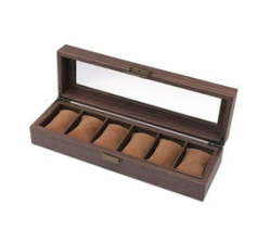 6 Slot Watch Box Organizer Wood-look Pu Leather With Glass Top