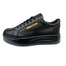 13559 - Mens Black Leather Gold Detail Lace Up Sneakers