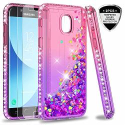 Galaxy J3 2018 Glitter Case J3 STAR J3 Achieve express Prime 3 AMP Prime 3 Case Tempered Glass Screen Protector Girls Women Leyi Diamond Liquid Case Samsung