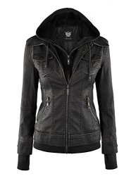 LL WJC664 Womens Faux Leather Jacket With Hoodie L Black