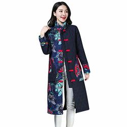 2019 New Womens Outdoor Embroidery Cotton Coats Winter Warm Fur Lined Chinese Button Parkas Coats Outwear Navy M