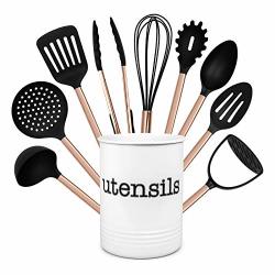 Cook With Color 10 Piece Nylon Cooking Utensil Set With Holder Kitchen Tools And Gadgets With Rounded Copper Handles - Black